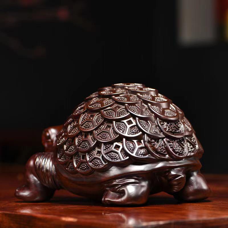 Ebony Money Turtle Wooden Figurine - Handcrafted Home & Office Decor Ornament