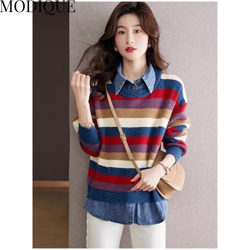 

MODIQUE, весенний женский свободный пуловер больших размеров, универсальный вязаный пуловер контрастного цвета, женский повседневный лоскутный свитер с длинными рукавами