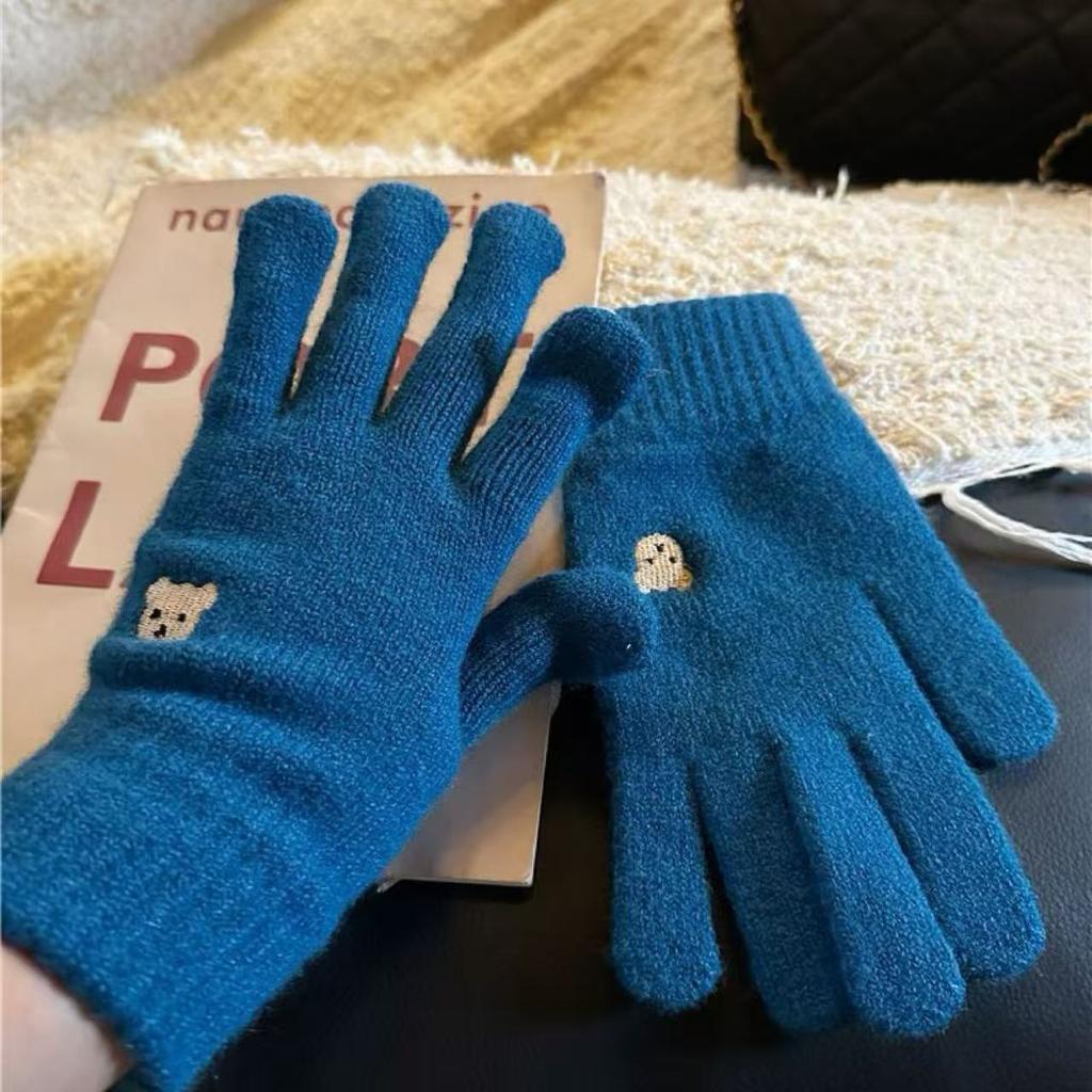 New Autumn and Winter Cute Bear Embroidery Wool Knitted Five-finger Gloves Finger-revealing Female Solid Color