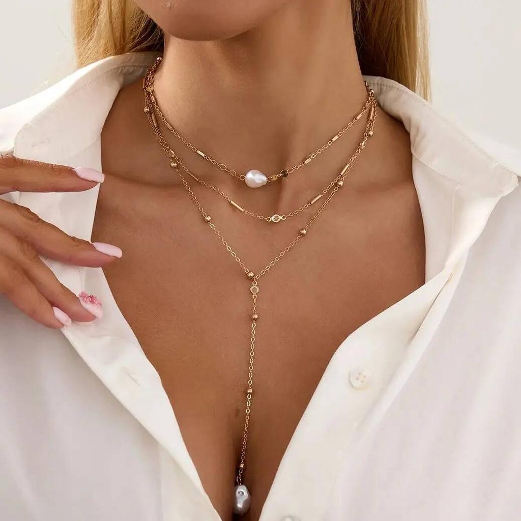 IngeSight.Z 3Pcs/Set Trendy Simple Imitation Pearl Pendant Necklace Women Sexy Exquisite Gold Color Long Chain Jewelry 2026 New