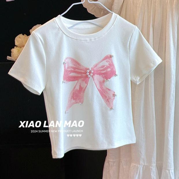 Girls Summer Bow Short-sleeved T-shirt Loose Middle-aged Children's All-match Fashionable Tops