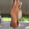 Women Cotton Linen Maxi Dress Summer V Neck 3/4 Sleeve Front Pleated Side Slit Loose A Line Casual Dress With Pockets S-3XL