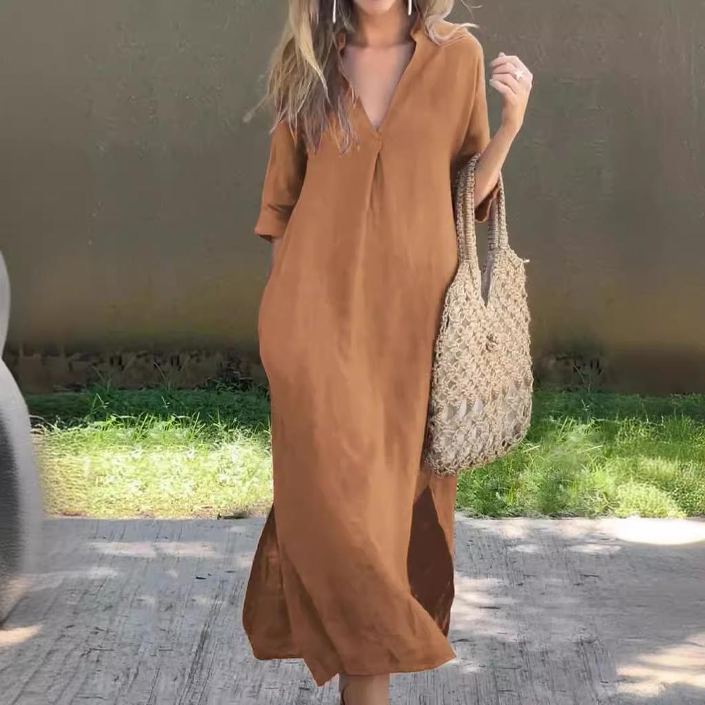 Women Cotton Linen Maxi Dress Summer V Neck 3/4 Sleeve Front Pleated Side Slit Loose A Line Casual Dress With Pockets S-3XL