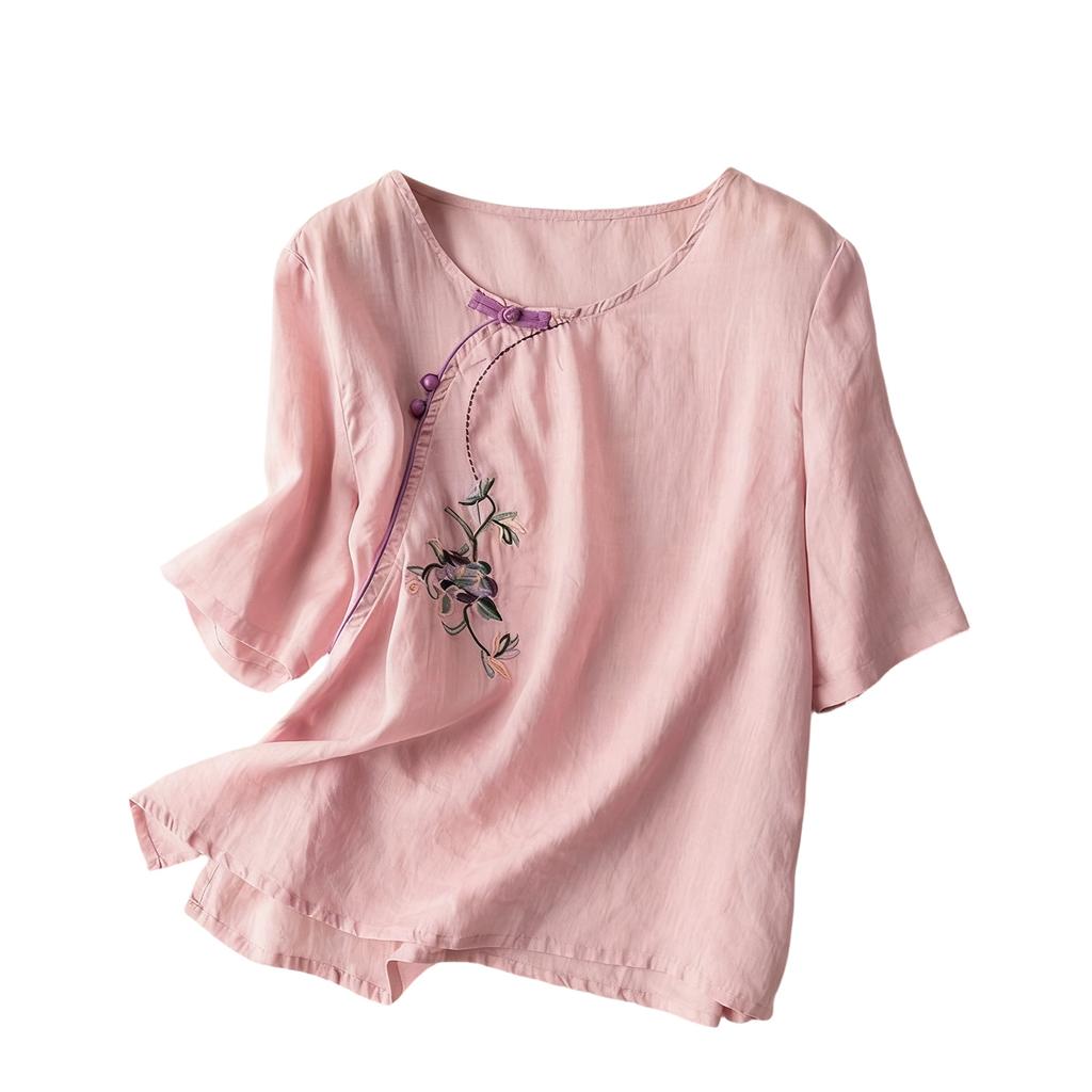 Women's Embroidered Loose Retro Linen-Cotton Short Sleeve Blouse