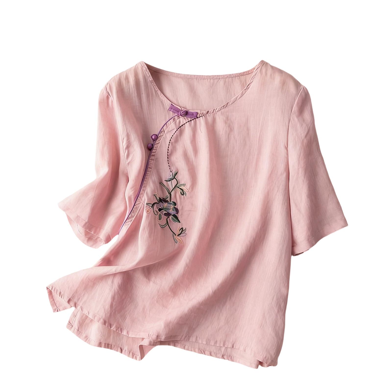 

Женская вышитая свободная ретро блузка из льна и хлопка с коротким рукавом L розовый