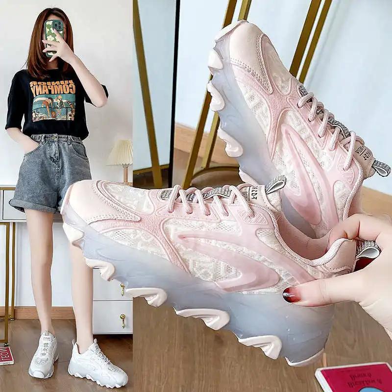 Round Nose Flat-heeled Beige Sneakers For Women Vulcanize Tennis Size 47 Shoes Husband Shoes Sports Tene New Trending