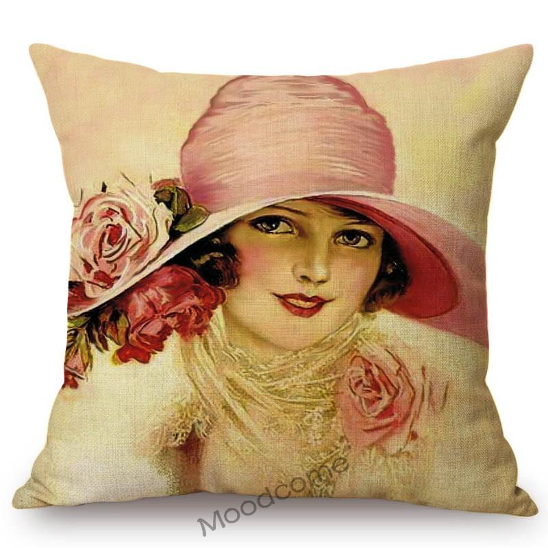 European Royal Court Victorian Era Lady Hat With Flower Elegant Sofa Throw Pillow Cover Classic Vintage Linen Decor Cushion Case