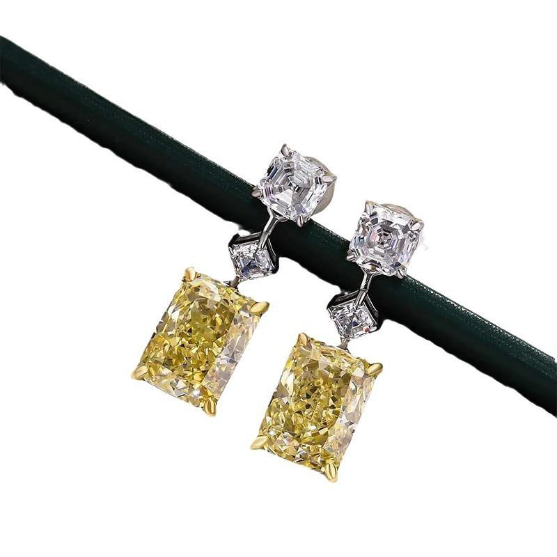 Simple Female Earrings 925 Sterling Silver Yellow Zircon Square Earrings for Women Long Tassel Ear Fashion Shiny Jewelry