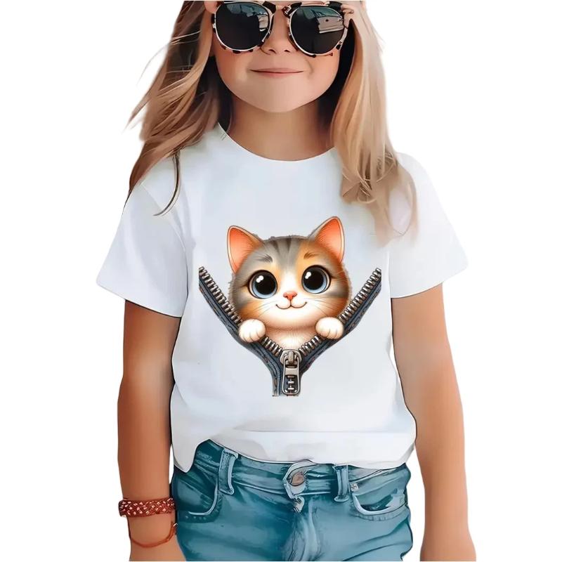 New Cartoon Cat Girl T-Shirt Short Sleeve Top Clothes Round Neck Top Fashion Junior Girls' Clothing Cute Outdoor Kids Tee