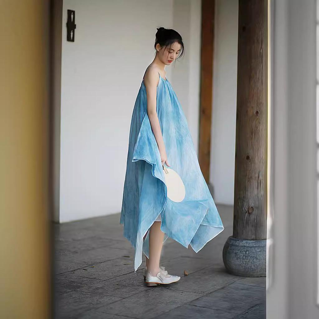 Cool new Chinese irregular design plant dyed suspender skirt cotton zen style