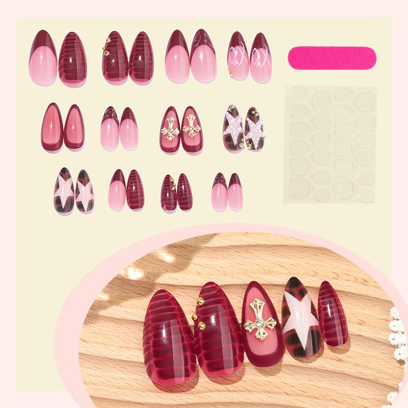 

Накладные ногти средней длины миндалевидной формы с дизайном, многоразовые, глянцевые, с полным покрытием, акриловые, клеевые, наклейки для ногтей для женщин