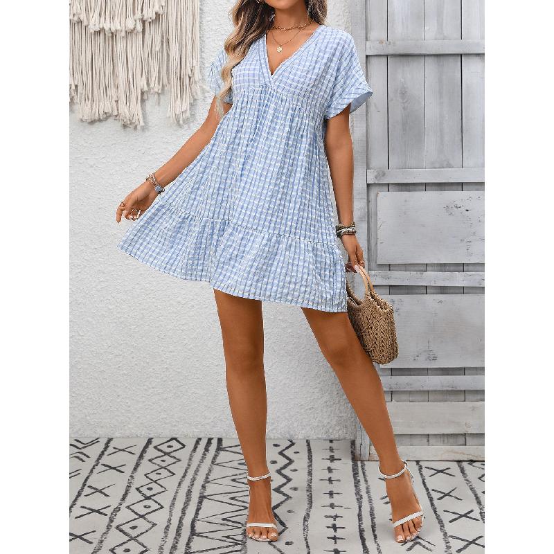 2026 Summer New Women's V-neck Loose Casual Short-sleeve Plaid Dress