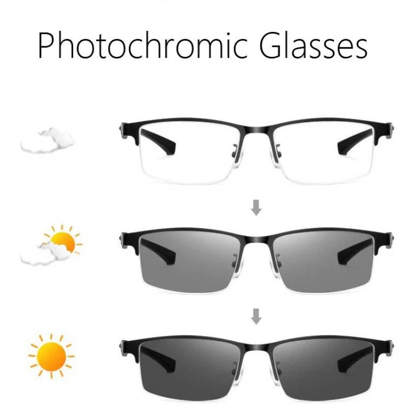 Classic Half Frame Photochromic Reading Glasses Trendy Business Far Sight Eyeglasses for Men Anti-UV Sunglasses with Degree