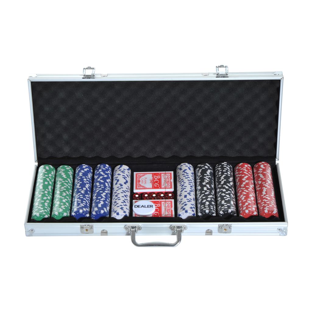 Poker Set, Complete Poker Case, 500 Chips, 2 Decks, 5 Dice, Dealer Button, Aluminum