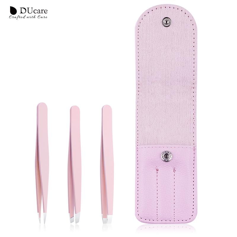 DUcare 3 Stück Haarentfernungspinzette, Edelstahl-Augenbrauenpinzette, rosa, schräg, schwarze Spitze, Spitze, Gesicht, harmloses Make-up-Schönheitswerkzeug