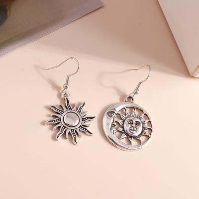 Vintage Sun and Moon Earrings Silver Color Asymmetry Drop Earrings Women Female Bohemia Fashion Jewelry Gift