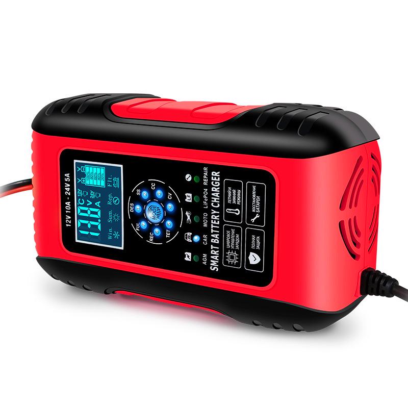Умное 7-ступенчатое зарядное устройство для аккумуляторов 12В/24В 10А, совместимое с мотоциклами и автомобилями ZYX-J50 Red US Plug