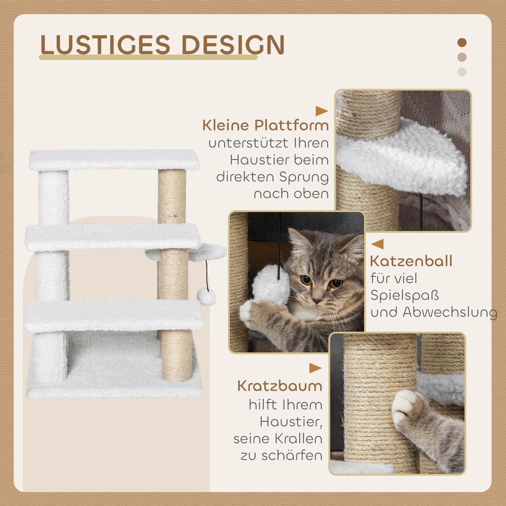 Pet Stair with 3-step Climb Ladder, Scratching Posts, Platforms, Toy Ball, for Indoor Elderly Cats Kittens, White