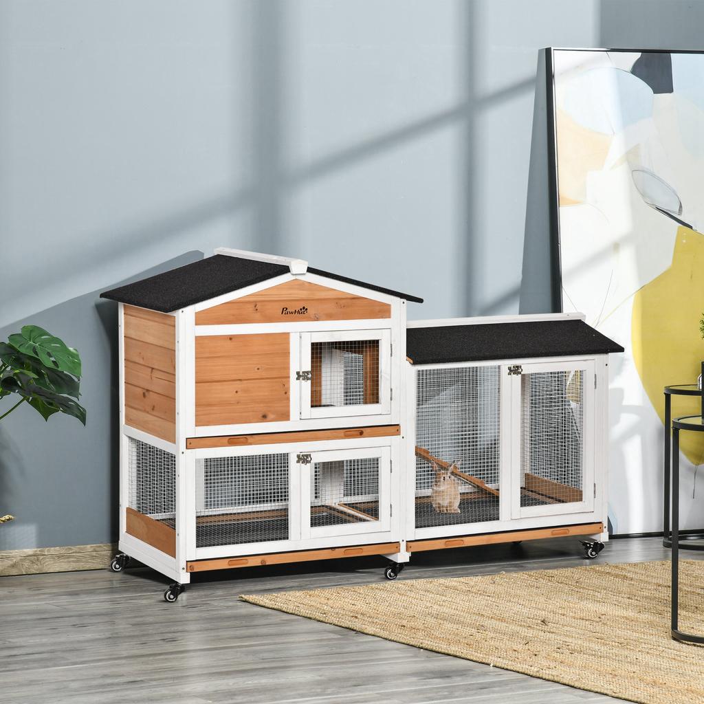 2-Tier Rabbit Hutch with Protective Net, Made of Wood, Metal and Bitumen, 157.4x53x99.5 cm, Yellow White and Black
