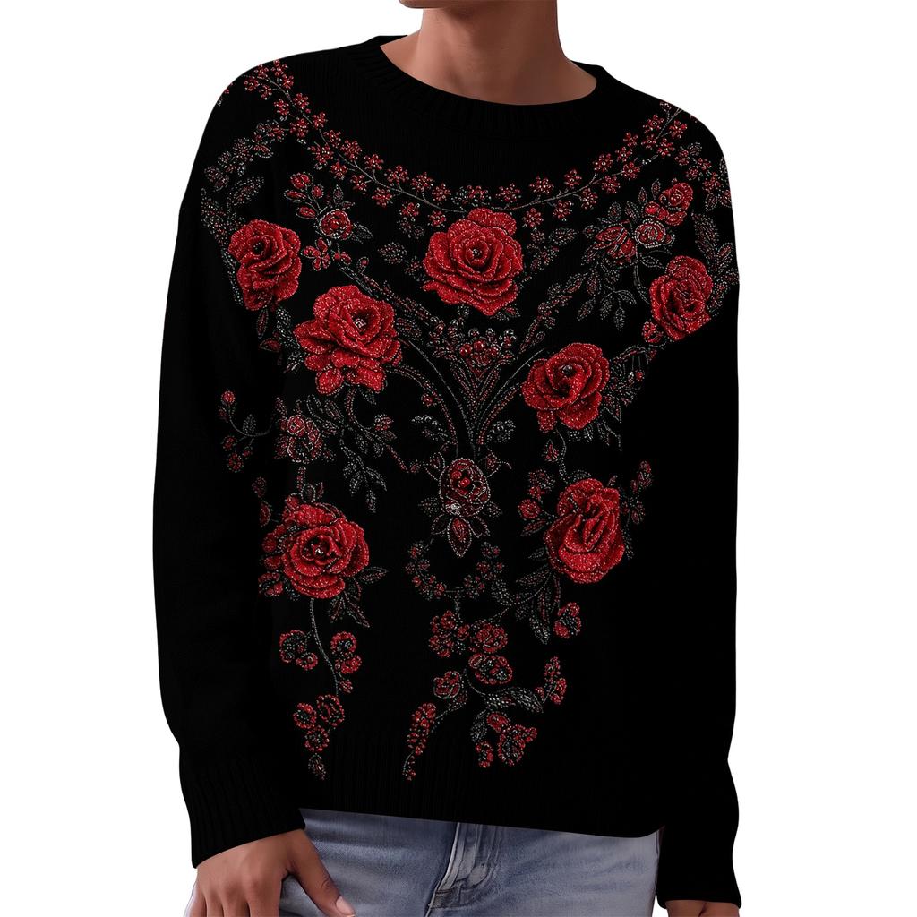 Dámský módní svetr s potiskem na Halloween, s dlouhým rukávem a kulatým výstřihem, měkký a útulný podzimní zimní pullover