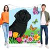 Colorful Black Pug Dog Blanket with Vibrant Flowers and Butterflies, Soft Throw for Bed and Sofa, Blue Sky Background, Perfect f