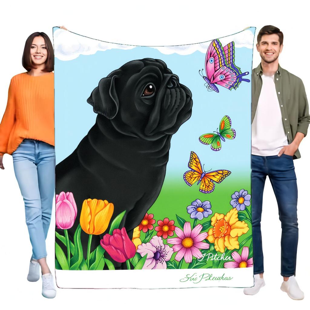 Colorful Black Pug Dog Blanket with Vibrant Flowers and Butterflies, Soft Throw for Bed and Sofa, Blue Sky Background, Perfect f