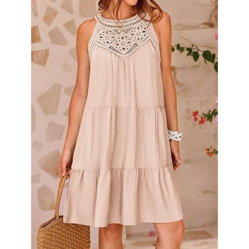 Summer Hollow Back Dress Casual Sleeveless A Line Layered Swing Vest Skirt Beach Vacation Mini