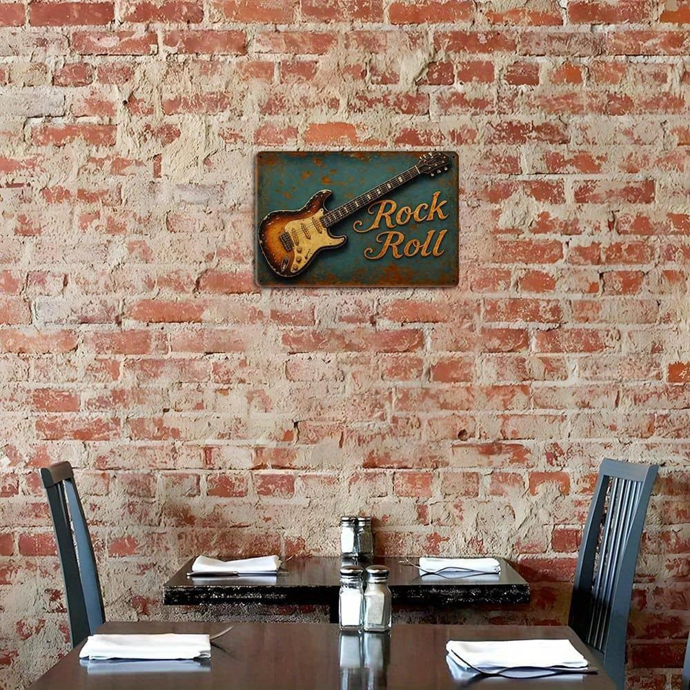 Vintage Rock 'n' Roll Sign - Distressed Guitar Wall Art for Music Spaces & Cafes