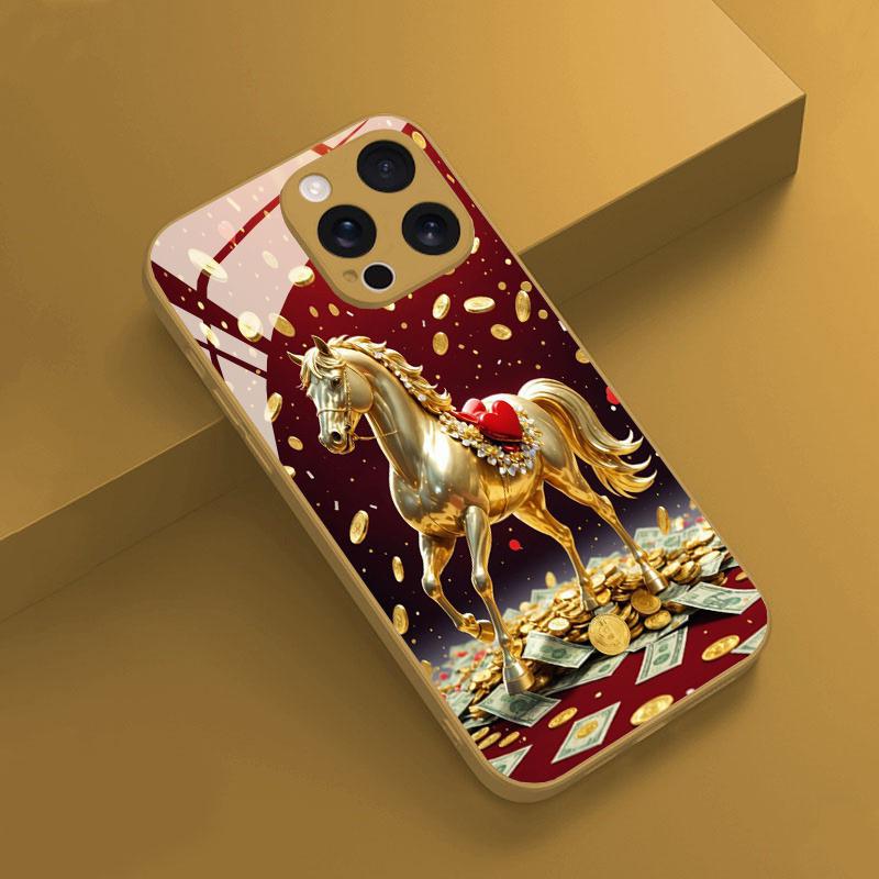 Golden Horse Coins Pattern Gold Metallic Paint Glass Phone Case For iPhone 17 Pro Max 11 12 13 14 15 16 Plus 17 Air 16E Cover
