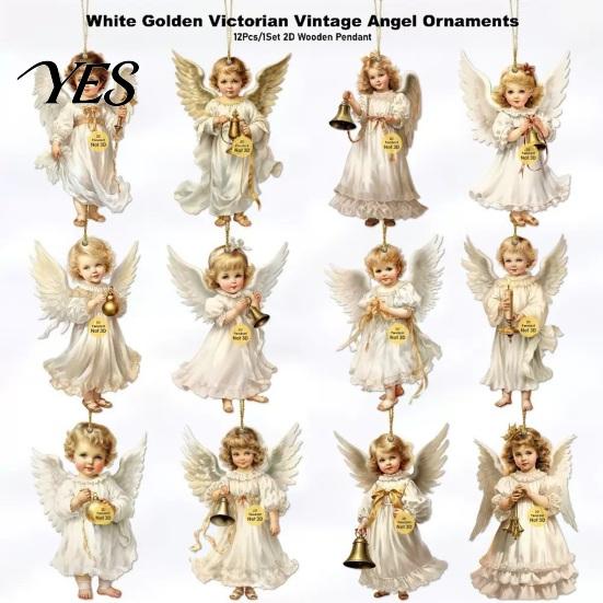 Wooden Angel Ornaments 24 Pcs Victorian Style Hanging Set, Golden Wings & White Dresses, Vintage Pendant Decorations Tree with Various Poses,