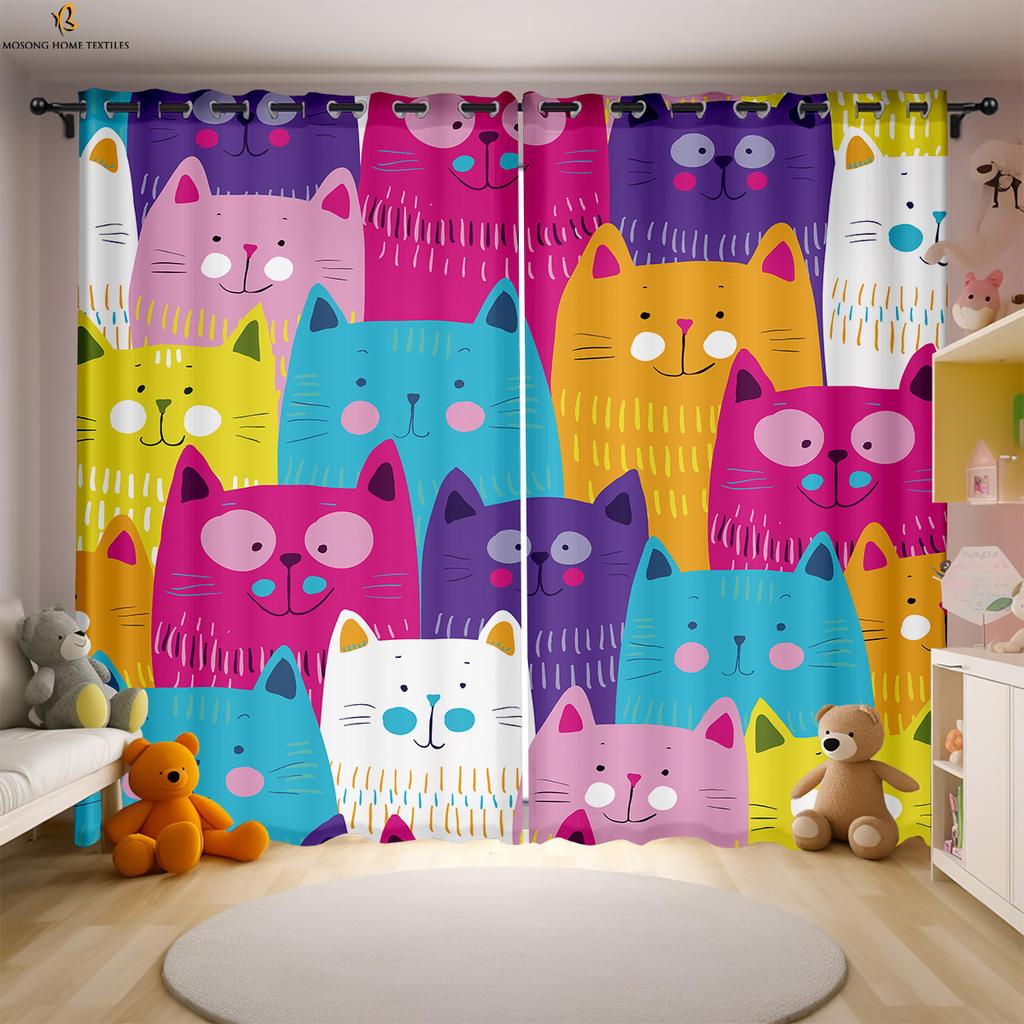 Cat Cartoon Printed Curtains Polyester Bedroom Living Room Kids Window Decoration Curtain Set Of 2 Made Washable Sitting Ready