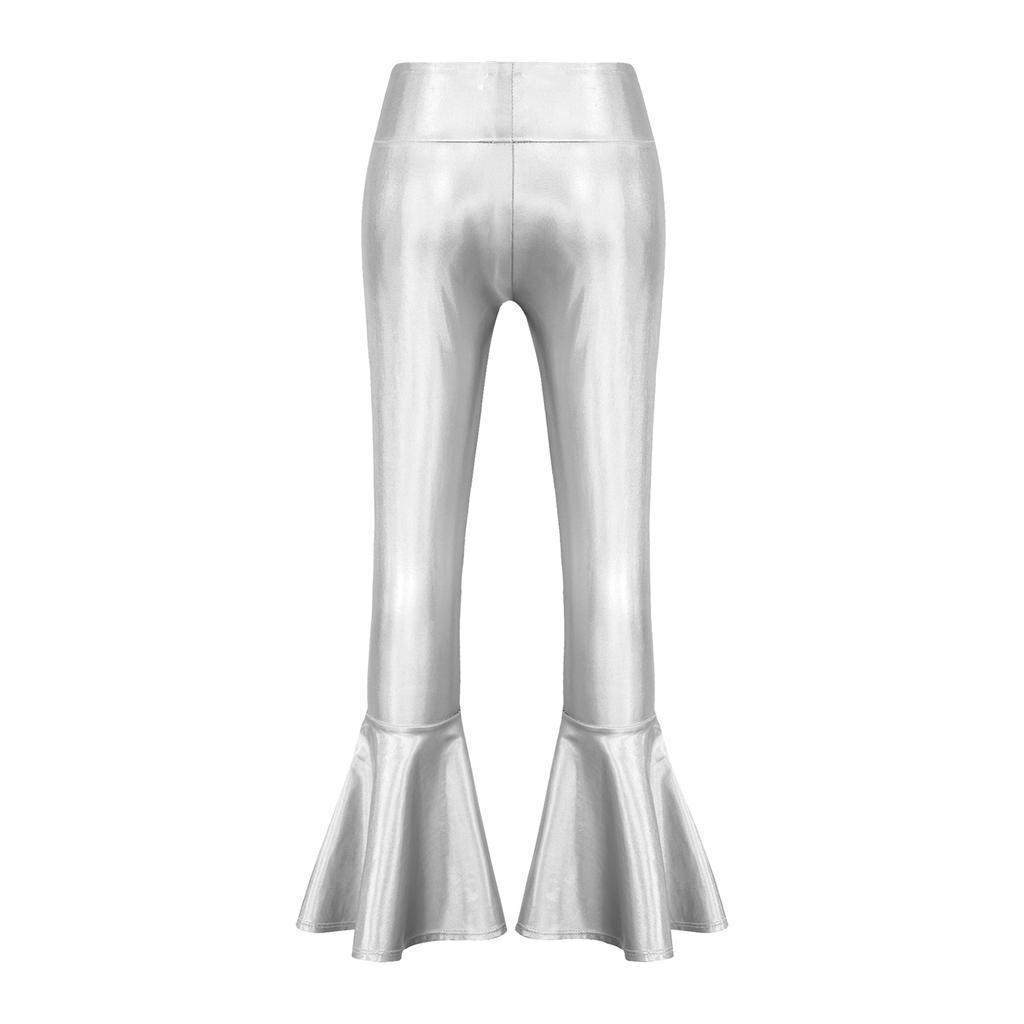 Girls Performance Pants Elastic Waistband Bronzing Cloth High Waist Design Ruffle Hem Bell Bottom