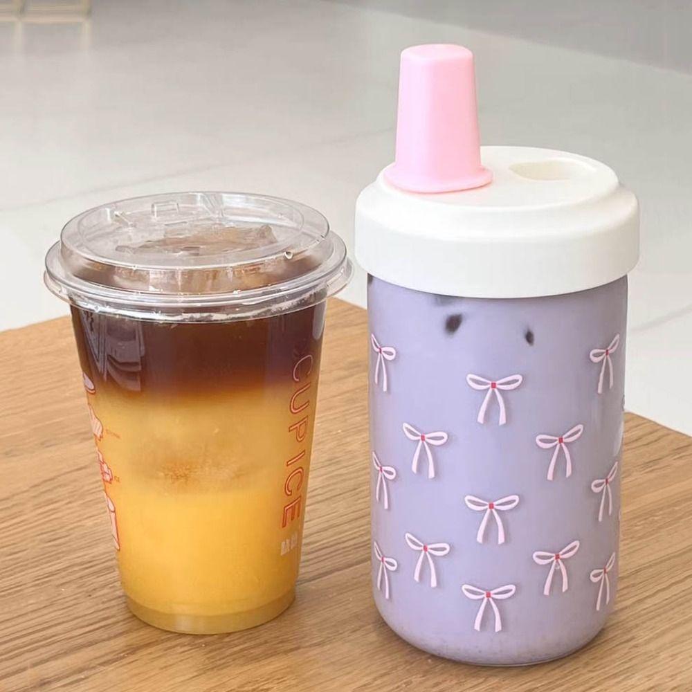 500ml Water Bottle Bowknot Cup With Lid Straw Cute Plastic Cups  Bubble Tea Coffee