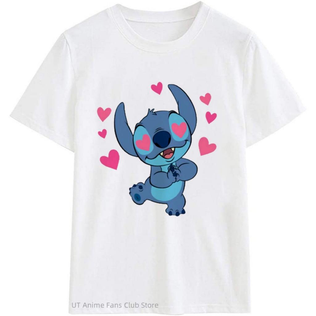 Summer Disney Stitch and Angel Couple Cotton Cartoon T Shirt Men Women Short Sleeve Boys Girls Tees Casual Loose Men Clothes