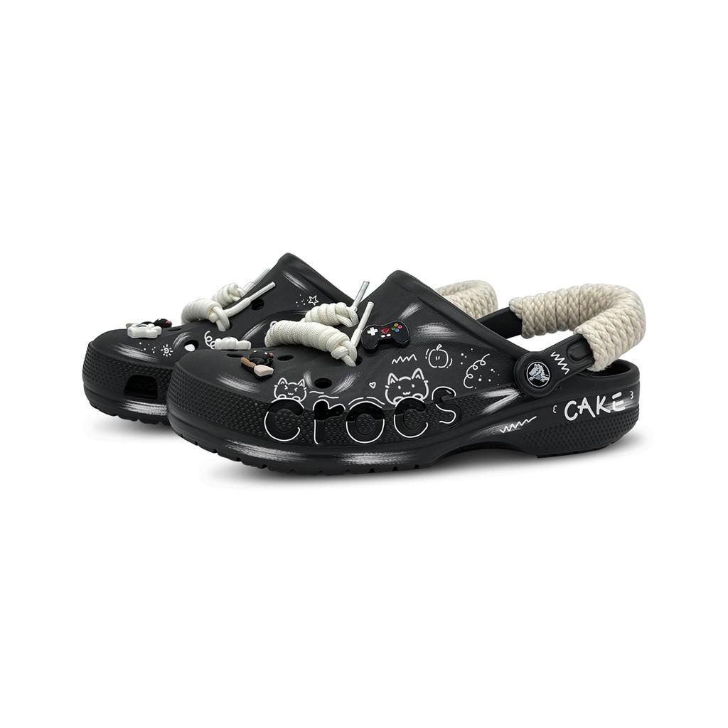Crocs Baya Clog Cake Meow EVA Fashion Graffiti Versatile Hole Shoes Unisex Black