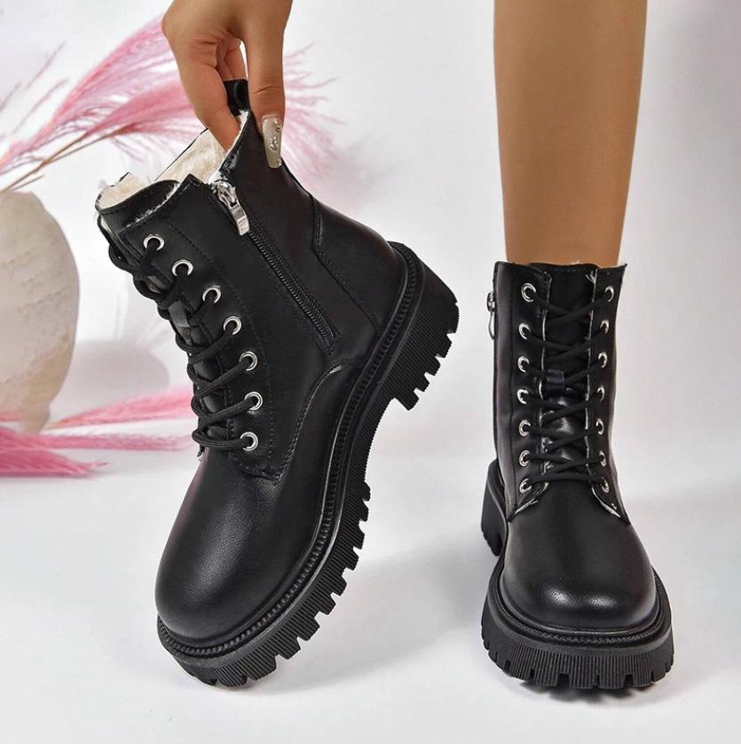 Warme Verdicken Plüsch Plateau Stiefeletten Damen Winter PU Leder Dicke Sohle Baumwollschuhe Frau Schwarz Motorradstiefeletten