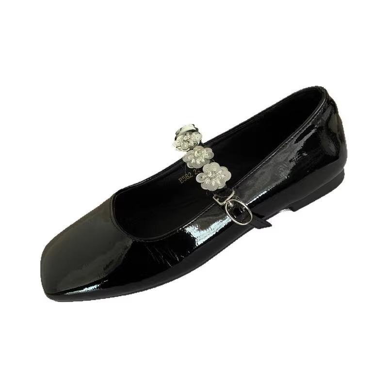 Mary Jane Schuhe mit flachem Boden, Strass-Schnalle mit einem Wort, Frühling 2025 neu, vielseitig, Lackleder, flacher Ausschnitt, Einzelne Schuhe