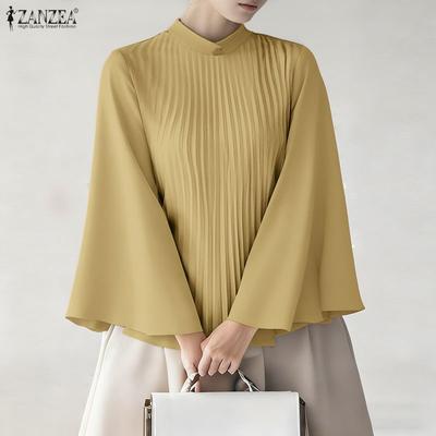 Blusa da donna a maniche lunghe svasata casual ampia con collo alto