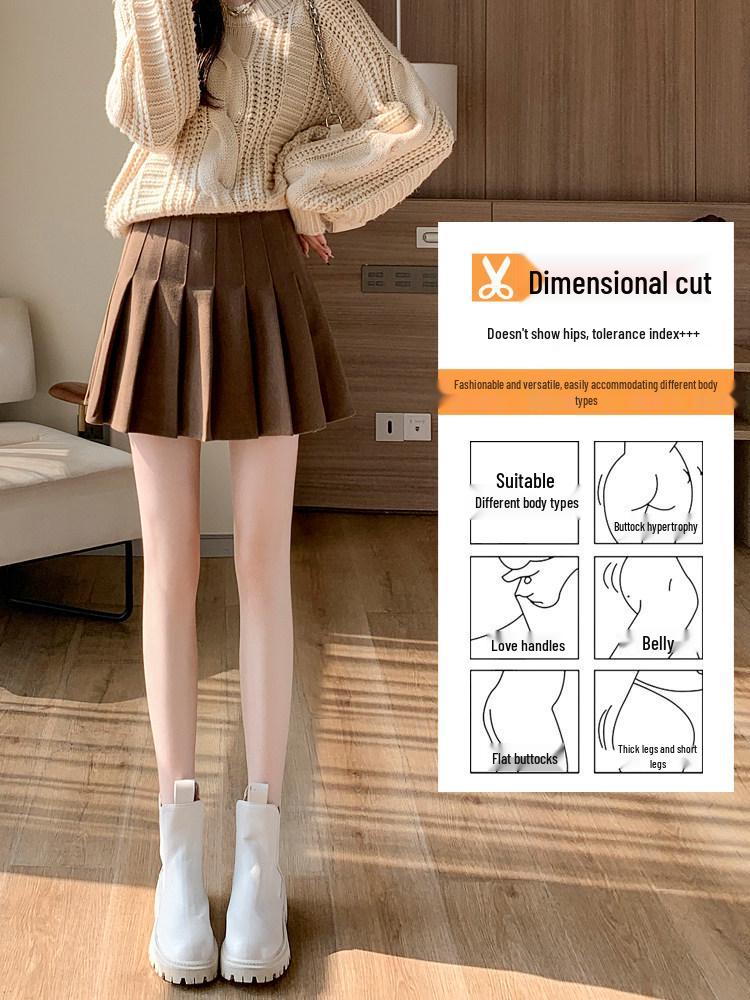 Maillard Kaffee Wolle Falten A-Linien Rock - 2026 Herbst/Winter High-Waist Khaki Kurzer Rock