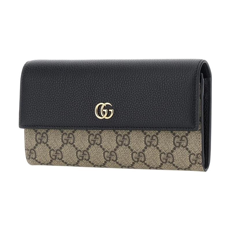 Gucci GG Marmont Brand Logo Print, Compact Continental Style Archival Double G Logo, Leather and GG Supreme Canvas Wallet, Women's, Brown and Black