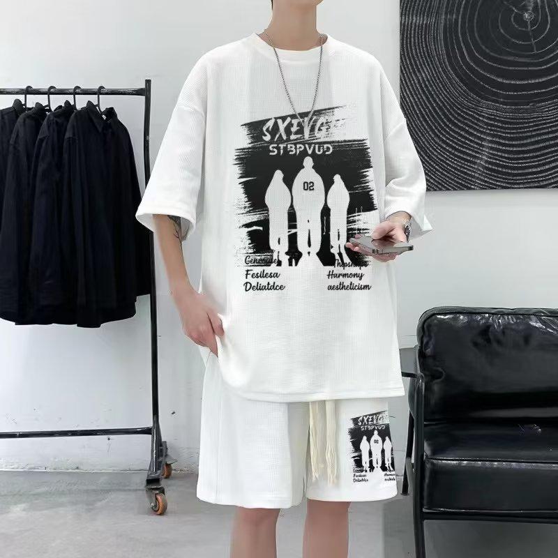 Men's Casual Ice Silk Waffle Suit - Loose Fit Summer T-Shirt & Shorts Set