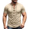 Men's Short Sleeve Shirt Vintage V-Neck Lace-Up Casual Color Summer Top