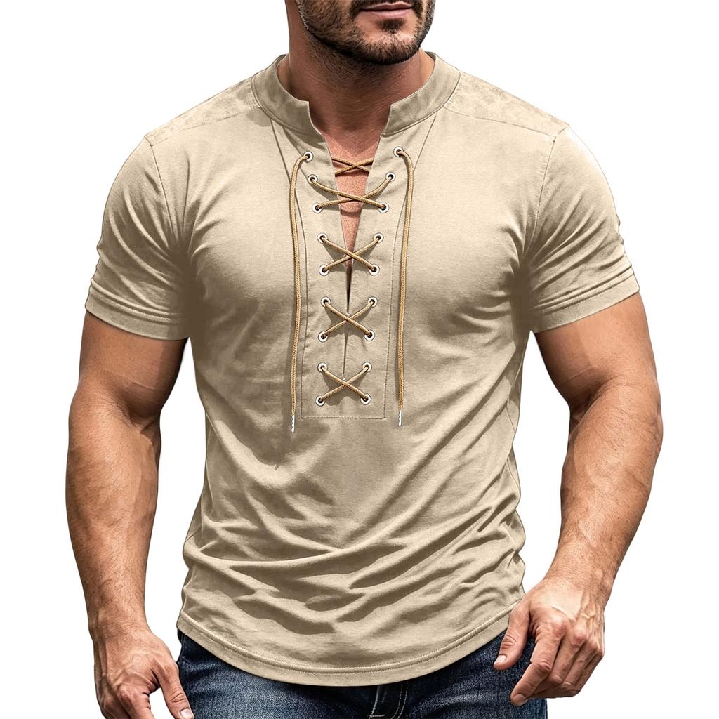 Men's Short Sleeve Shirt Vintage V-Neck Lace-Up Casual Color Summer Top