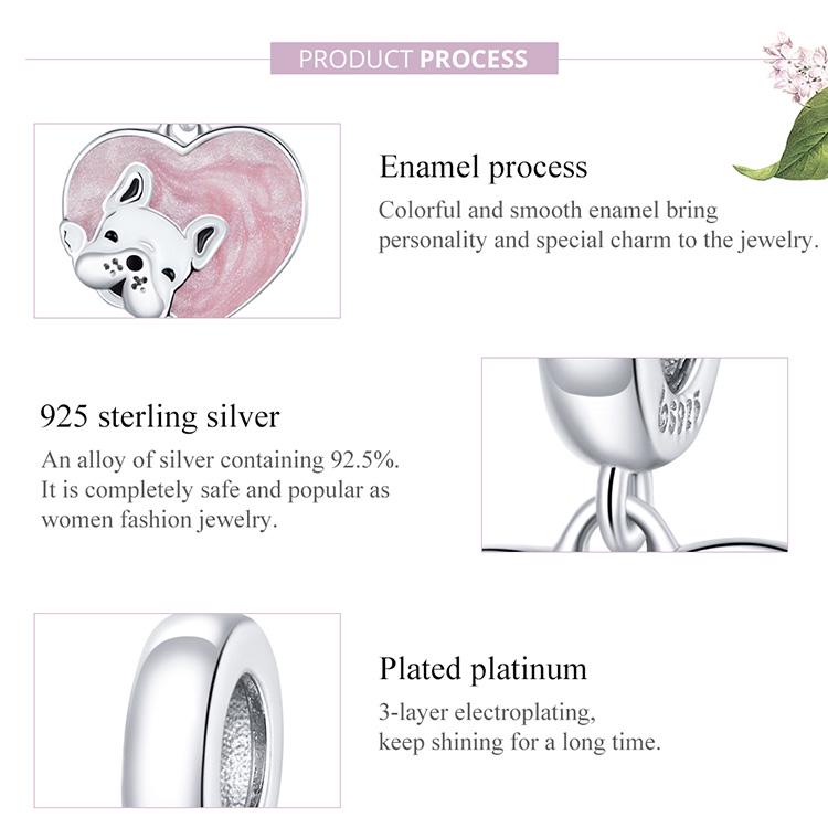 BAMOER 925 Sterling Silver Bead Cute Puppy Charm Pink Heart Shape Pendant Fit Origional Bracelet Jewelry Gift for Girl