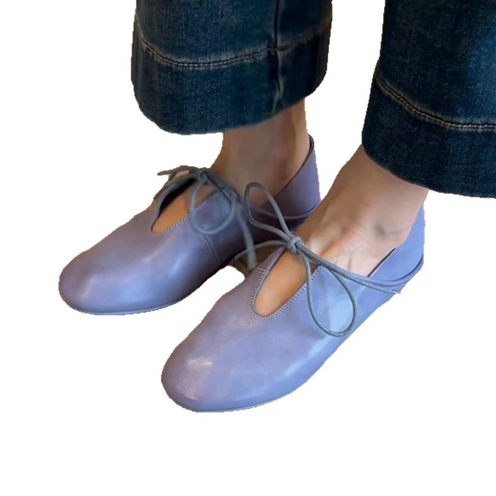 Schafslederversion~ Retro weiches Leder flachsohliger Stufenabsatz zwei Tragemöglichkeiten kleine Lederschuhe Damen Frühfrühling neu zum Schnüren hohl runde Spitze