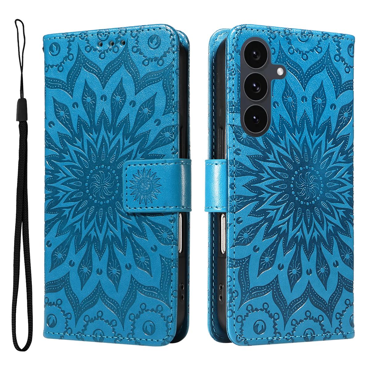 

For Samsung Galaxy S25 FE Leather Wallet Case Sunflower Imprinted Phone Cover Blue