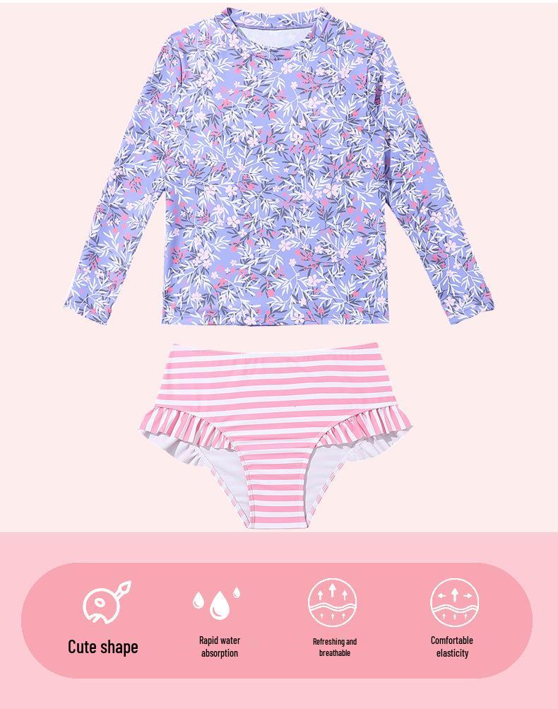 Girls' Long Sleeve Striped 2-Piece Swimsuit - 2025 New Style