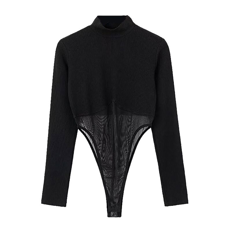 

Fashion Long Sleeve T-shirt New Patchwork Top One-Piece Black S