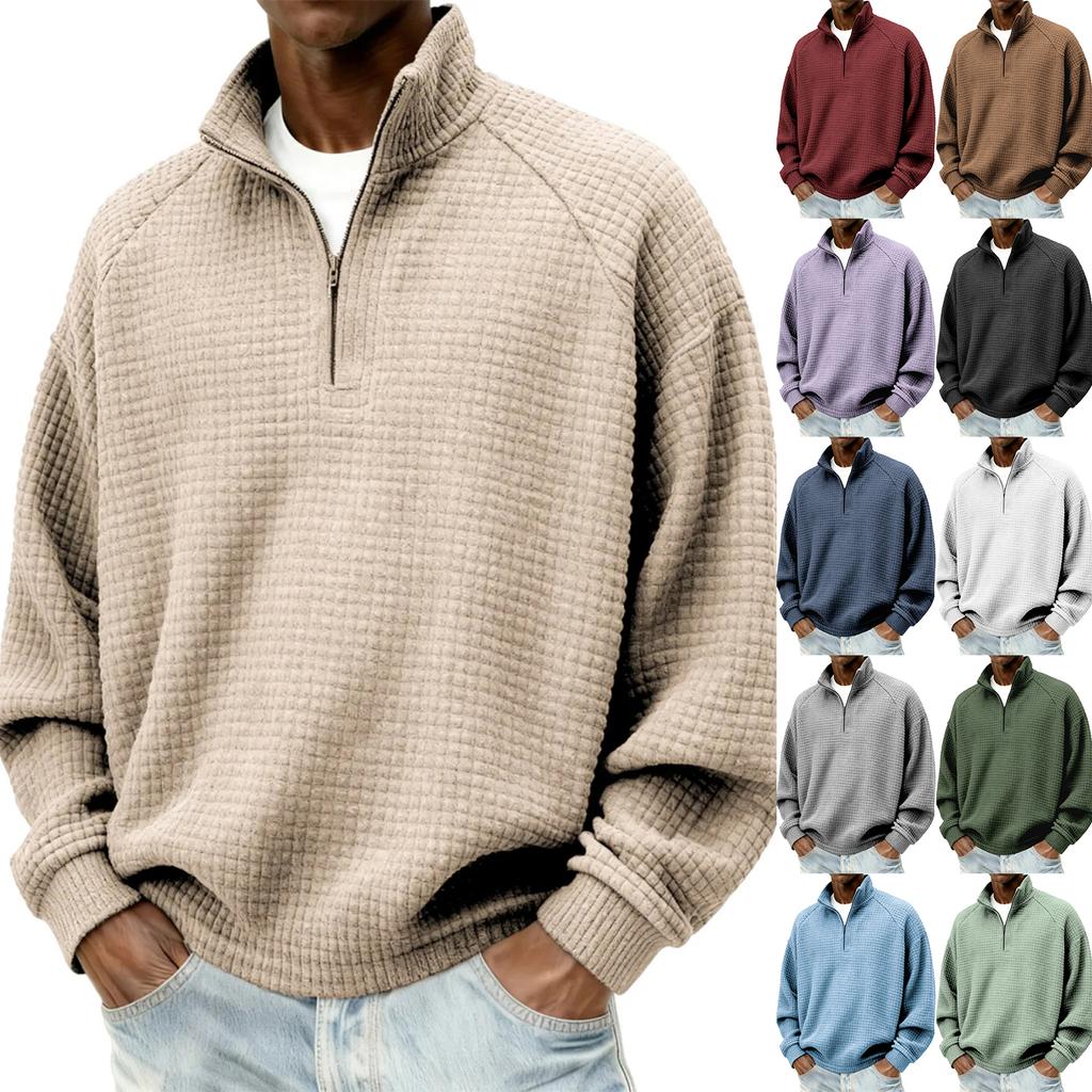 Men's Retro Plaid Long Sleeve Zip-Up Sweatshirt with Stand Collar Casual Fall Winter