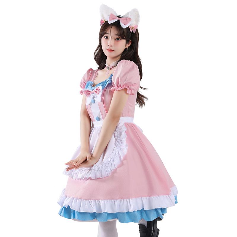 Café Style Cute Lolita Maid Outfit - Pink & Blue Bow Dress for Women
